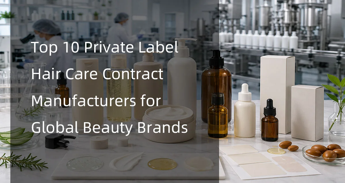 Various hair care product bottles, jars, and packaging with text overlay listing top private label manufacturers for beauty brands.